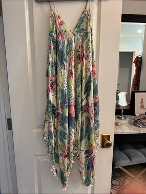 Floral Leaf Pom-Pom Swim Coverup Dress - Pink & Green